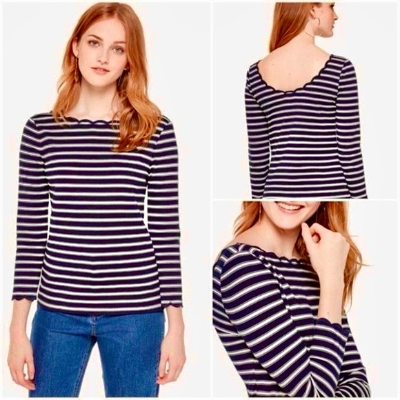 EUC Kate Spade Preppy Scoop Embroidered Scalloped Neck Navy/White Stripe… - Picture 1 of 10